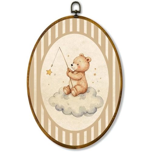 zewepri Bear Cloud Oval Canvas Wall Art, Rustic Nursery Animal Decor