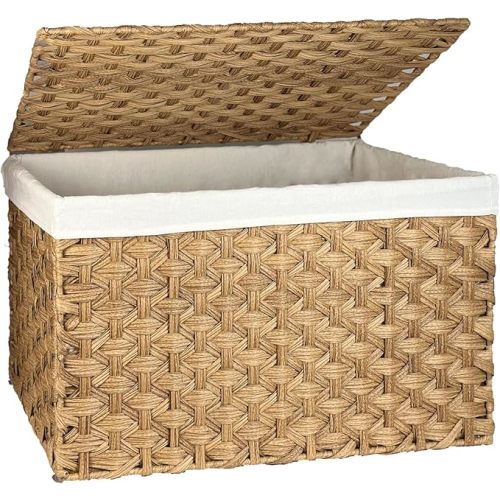 Wicker Storage Basket with Lid, 42.3 Gallon (160L) Large Blanket Basket with Lid, Woven Storage Bin with Handles, Removable Liner, Metal Frame, Foldable, for Bedroom, Laundry Room, Natural