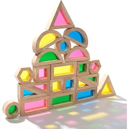 WOODENFUN Wooden Building Blocks Set for Kids, 22 Pcs Rainbow Stacker Game