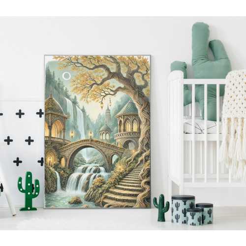 Rivendell Nursery Art Print - Fantasy Watercolor Wall Art, Elven Fairy Tale Decor, Enchanted Woodland Baby Room Poster