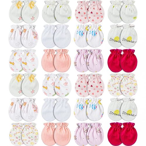 Geyoga 24 Pairs Newborn Baby Mittens Cute No Scratch Mittens Soft Elastic Infant Girl Gloves for 0-6 Months