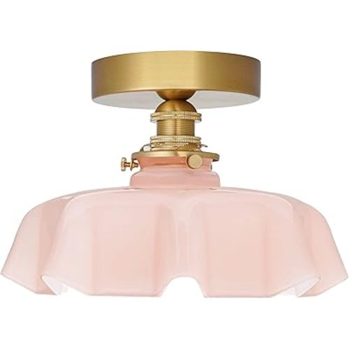 Vintage Pink Flush Mount Ceiling Light Fixture - Brass Semi Flush Mount Lighting with Flower Glass Shade for Closet, Small Rooms - Compact Indoor Light for Hallway Entryway Porch, Bulb Not Included