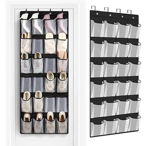 FENTEC 24 Large Pockets Over Door Shoe Organizer, Mesh Hanging Shoe Organizer Shoe Rack for Closet Mesh Closet Shoe Holder, Back of Door Organizer for Cruise Ships, Shoe Rack for Wall, Black, 1 Pack