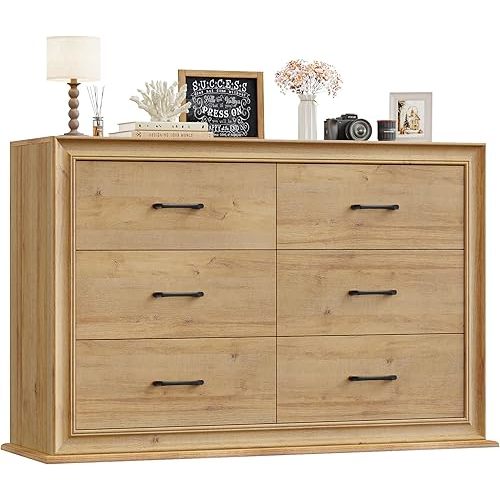 HIFIT Farmhouse 6 Drawer Dressers for Bedroom, 47.2" Wide Chest of 6 Drawers, Nursery Dresser for Baby, Oak Dressers for Bedroom, Storage Organizer Cabinet for Living Room