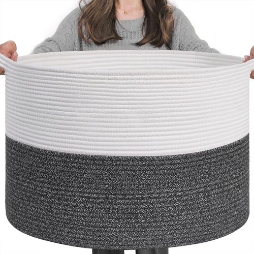 INDRESSME XXXLarge Cotton Rope Basket 21.7" x 21.7" x 13.8" Woven Baby Laundry Baskets Blanket Basket Toy Baskets with Handle Storage Comforter Cushions Gray Laundry Hamper