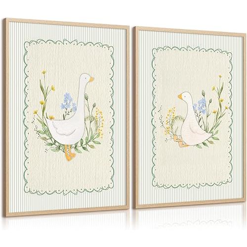 Vintage Nursery Goose Wall Art Decor Baby Girl Room Canvas Poster Sage Green Nursery Art Prints Silly Goose Wall Decor Sweet Floral Painting Boys Animal Pictures for Bedroom 12x16 Inch Unframed 2pcs