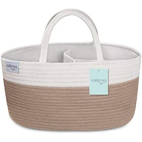 Natemia Rope Diaper Caddy Organizer│Large Portable Nursery Storage Bin and Car Travel Organizer│Tote Bag with Dividers for Diapers & Wipes
