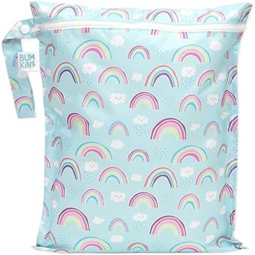 Bumkins Waterproof Wet Bag for Baby, Travel, Swim Suit, Cloth Diapers, Pump Parts, Pool, Gym Clothes, Toiletry, Strap to Stroller, Daycare, Zipper Reusable Bag, Wetdry Packing Pouch, Rainbows Blue