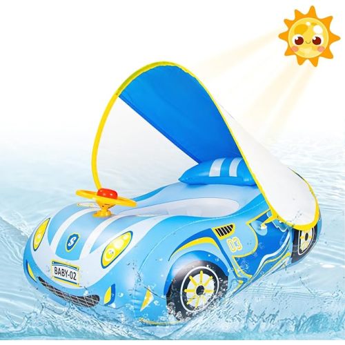 Baby Pool Float with Canopy UPF50+ Sun Protection & Toy Play Steering Wheel Baby Swimming Float with Patch Kit for Babies Aged 3-36 Months Swim Float - Blue