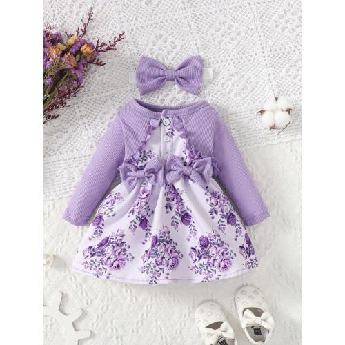 SHEIN Vintaside Kids Baby Girl Floral Print Bow Front Frill Trim Dress & Headband | SHEIN USA