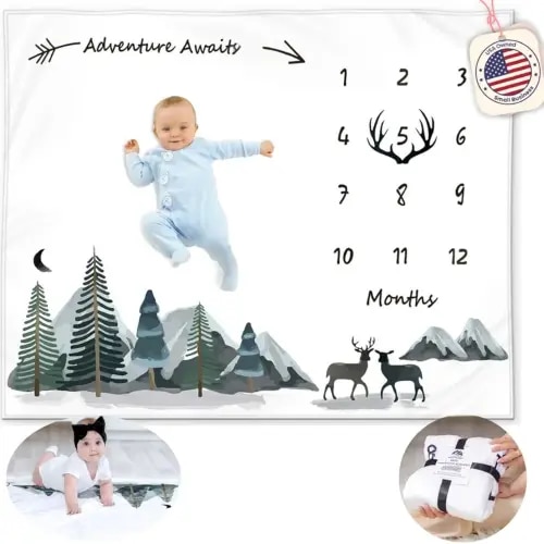 Milestone Blanket for Baby Boy, Monthly Baby Milestone Blanket, Growth Blanket for Boy, Adventure Mountain Month Blanket Woodland Nursery, Baby Shower Baby Includes Felt Frame, 50x40