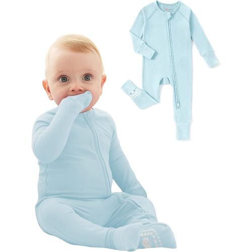PATPAT Organic Cotton Baby Footie Pajamas with Two-Way Zipper & Fold-Over Mittens, Soft Stretchy Romper for Newborn Boy Girl, Basic Blue, 3-6 Months
