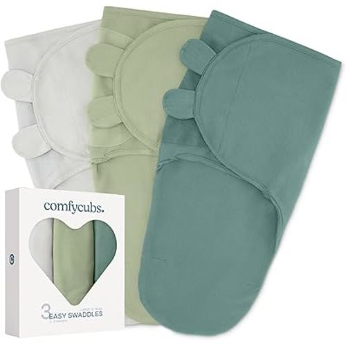 Comfy Cubs Easy Swaddle Blanket, 3 Pack - 100% Cotton Newborn Wrap, Large for 3-6 Months Infants, Breathable and Durable Sleep Sack for Babies - Stone, Sage, Azul