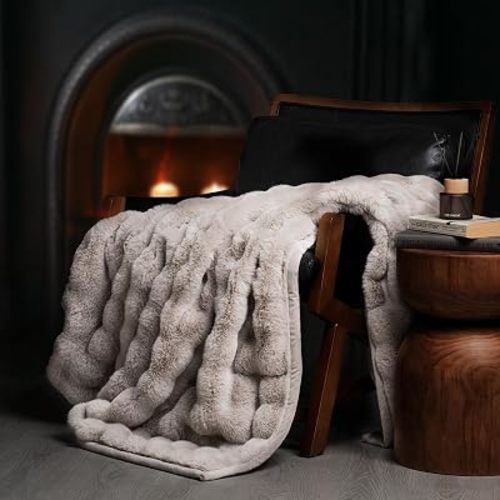 Faux Rabbit Fur Bubble Throw Blanket, 60"x80", Taupe