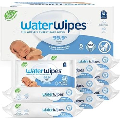 WaterWipes Plastic-Free Original-baby Wipes, 99.9% Water Based Wipes, Unscented & Hypoallergenic for Sensitive Skin, 60 Count (Pack of 9) Total 540 wipes, Packaging May Vary