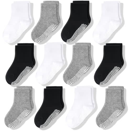 CozyWay Baby Anti Slip Crew Socks 12 Pairs with Grips for Toddlers Little Boys Girls Infants Kids Non Skid