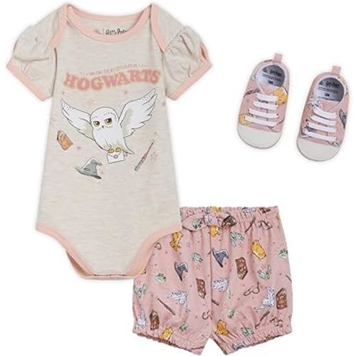 Harry Potter Baby Bodysuit, Shorts and Shoes 3 Piece Outfit Set Newborn to Infant Sizes (0-3 Months - 24 Months)