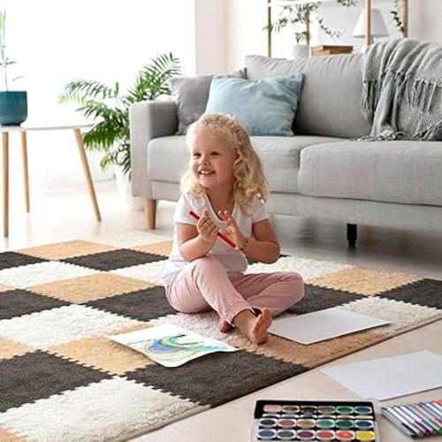 36 Pcs Plush Interlocking Carpet Tiles，Non-Toxic Foam Carpet Tiles for Toddler Baby，Machine-Washable，Anti-Slip，EVA Foam Interlocking Tiles for Floor, Nursery, Playroom，Grey White Light Brown