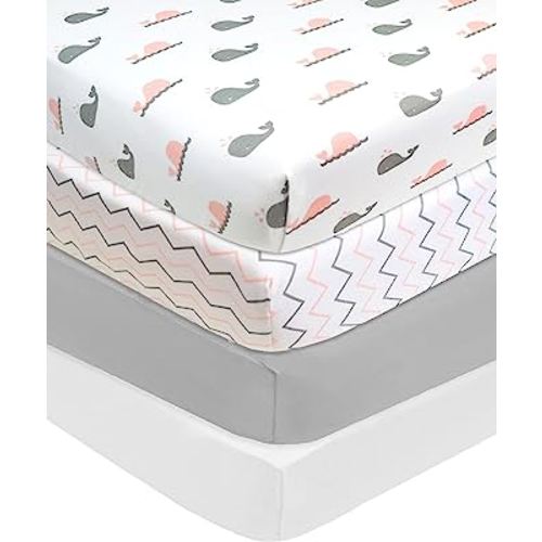 American Baby Company 4 Pack Fitted Crib Sheets 28" x 52", Soft Breathable Neutral 100% Cotton Jersey Sheet, Pink Zigzag/Pink Whale/Gray/White, for Boys and Girls, Fits Crib and Toddler Bed mattresses