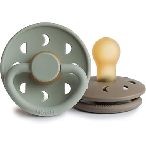 FRIGG Moon Natural Rubber Baby Pacifier | Made in Denmark | BPA-Free (Sage/Portobello, 0-6 Months) 2-Pack