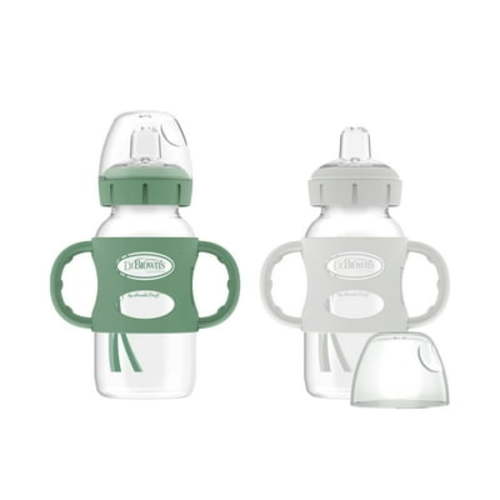 Dr. Brown’s® Milestones™ Wide-Neck Sippy Bottle with 100% Silicone Handles, Easy-Grip Bottle with Soft Sippy Spout, 9oz/270mL, 6m+, Green and Gray, 2-Pack, BPA free