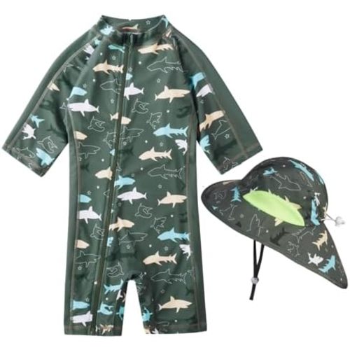 Baby Boy Swimsuit Rash Guard Toddler Sun Protection Swimwear Infant One Piece Bathing Suit with Sun Hat