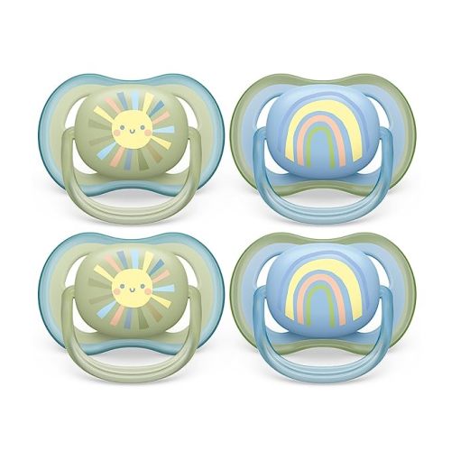 Philips Avent Ultra Air Pacifier - 4 x Light, Breathable Baby Pacifiers for Babies Aged 0-6 Months, BPA Free with Sterilizer Carry Case (Model SCF085/49) - Smiling Sun / Blue Rainbow - 0-6m
