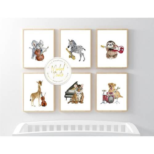 Safari Animals with Musical Instruments Prints, Set of 6 Music Theme Nursery Wall Art, Neutral Nursery Art, Jazz Prints, Animals Symphony
