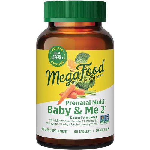 MegaFood Baby & Me 2 Prenatal Multi - Prenatal Vitamins for Women with Choline, Methyl Folate, Iron - Gluten-Free, Vegetarian, Pre Natal Multivitamin for Women - 60 Tablets, 30 Servings