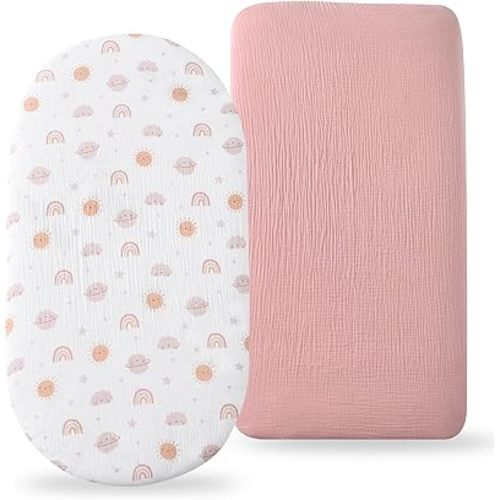 TADO MUSLIN Organic Cotton Muslin Bassinet Sheets, 2 Pack – Soft, Breathable, Universal Fit for Oval, Rectangle & Hourglass Mattresses, Machine Washable, Neutral Colors for Baby Boys & Girls