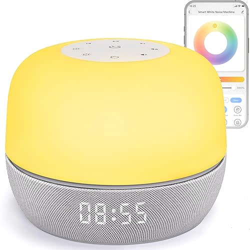 White Noise Sound Machine with Sunrise Alarm & App Control – Baby Sound Machine with 360 RGB Night Light, Sleep Soother for Adults & Kids, Baby Essentials for Newborns