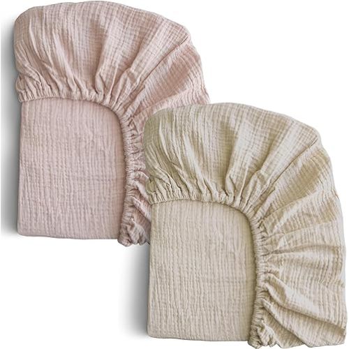 COSMOPLUS-Muslin-Crib-Sheets-for-Girls-Boys-Neutral-Baby,2 Pack Boho Crib Matress Sheet,Fitted Crib Sheet for Standard Crib Mattress & Toddler Bed Mattress,Organic Cotton,Faded Pink&Light Grey