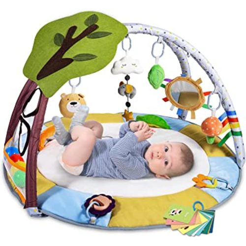 Lupantte Baby Gym Play Mat with 9 Toys for Sensory and Motor Skill Development Language Discovery, Thicker Non-Slip Baby Activity Gym with Ball Pit, Green Tree for Newborns, Babies to Toddlers as Gift