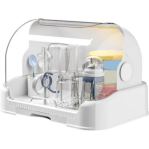 Baby Bottle Drying Rack with Lid, Dustproof BabyBottle Storage Box with Removable Drain Tray, Space Saving Baby Bottle Rack Dryer - Reusable Bottle Rack Holder(White)