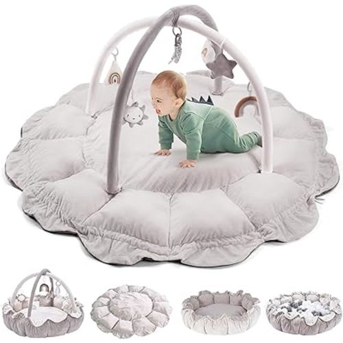 5-in-1 Convertible Baby Play Gym with 6 Toys, Tummy Time Mat for Sensory Development, Baby Activity Center from Newborn to Toddler, Ball Pit, Cat & Dog Bed, Soft Plush Pet Bed, No Ball Included