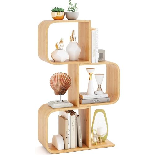 Tangkula Bamboo Geometric Bookshelf, 3-Tier S-Shaped Bookcase w/Open Cubes & Anti-Tipping Device, Freestanding Display Shelf Storage Organizer for Living Room, Study, Home Office (1, 3-Tier)
