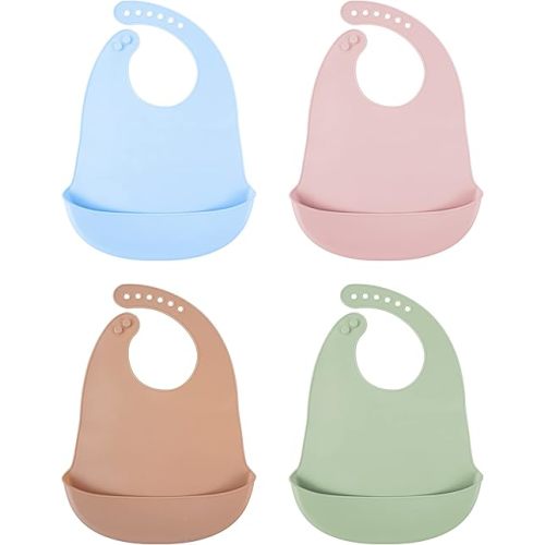 DF DUALFERV 4 pcs Silicone Bibs, Baby Bibs, Bibs for Baby Girls and Baby Boys, Waterproof of Baby Bib, Adjustable Toddler Bibs