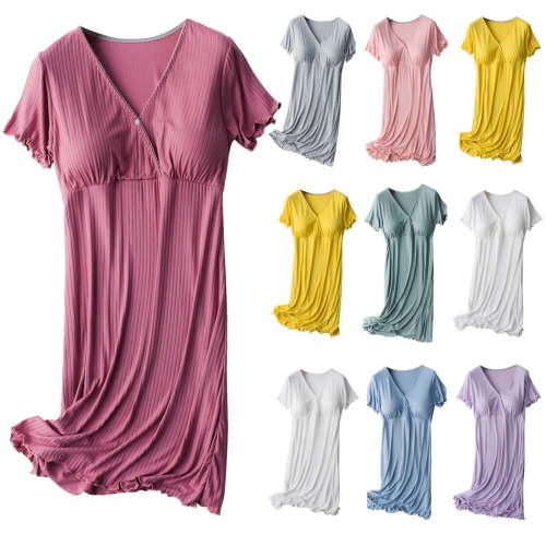 Yteetum Maternity Breastfeeding Dress Pregnant Solid Color V-Neck Short Sleeve Nursing Dresses Pregnant Woman Postpartum Sleepwear With Chest Pad Dress