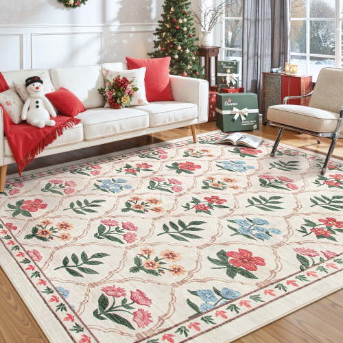 Lahome Decor 5'x7' Moroccan Boho Area Rugs,5x7ft Washable Living Room Rugs,Soft Non Slip Non-Shedding Kitchen Mat Indoor Office Carpet for Bedroom Dining Playroom Nursery Beige