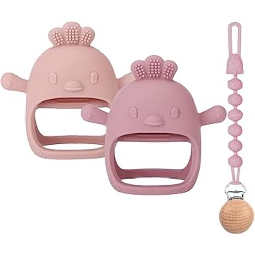 3 Packs Baby Teether Toy for 0-6 6-12 Months,Hold & Wear,BPA Free,Food Grade Silicone Teething Mitten, Anti Dropping Wrist Hand Teethers Baby Chew Toys for Sucking Needs(Pink & Dark Pink)