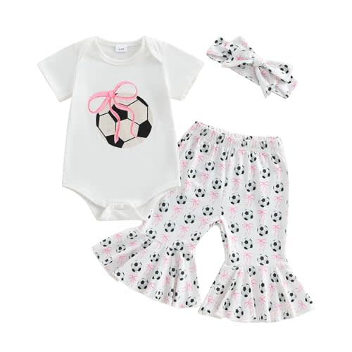 Filgriox Newborn Baby Girl Summer Clothes Soccer Print Short Sleeve Romper Flare Pants Headband 3Pcs Soccer Outfit