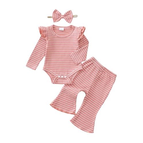 SUNNY PIGGY Newborn Baby Girl Clothes Infant Girls Outfits Ruffle Long Sleeve Romper Pants Set with Headband