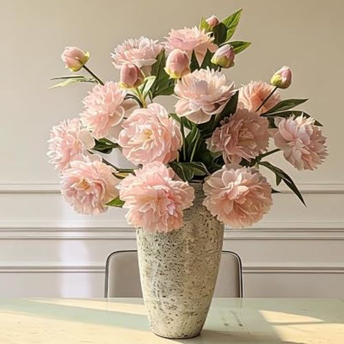 6 Pcs 25'' Fake Silk Peony Artificial Flowers for Vase, Faux Large Peonies Branches with Stems for Tall Vase, Flowers Arrangement for Centerpieces, Home Decorations (Pink)