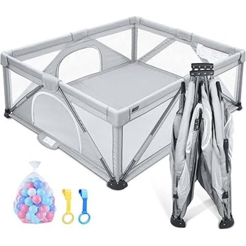 ANGELBLISS Baby Playpen, Foldable Playpen for Babies and Toddlers, Indoor & Outdoor Baby Activity Center with Visible Breathable Mesh, Portable Play Yard with 2 Handlers+50 Balls-59”×71”(Grey)