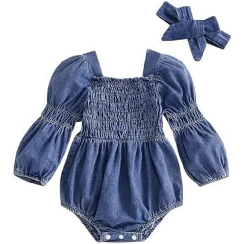 Kavousa Baby Girls Denim Romper Dress Long/Flutter Sleeve One Piece Jumpsuits Spring Summer Clothes