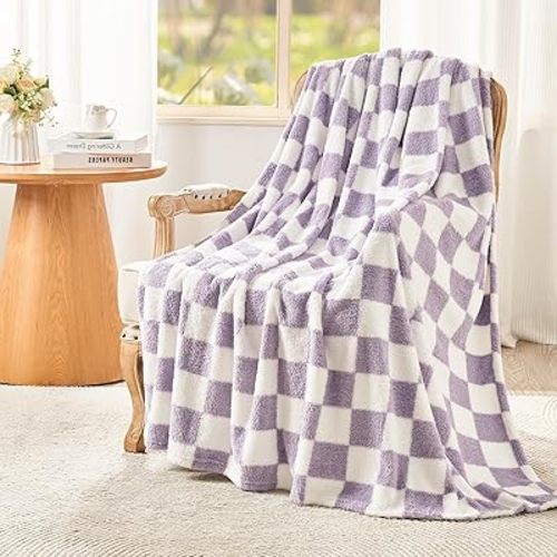 EMME Checkered Blanket Twin Size - 60"x80" Lavender Knit Blanket Soft Fluffy Patterned Throw Blankets for Couch, Sofa, Chair, Bed, Camping, Picnic, Travel