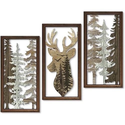 Putuo Decor Cabin Wall Decor Set of 3, Deer Wall Art, Forest Mountain Woodland Wildlife Lodge Elk Animal Picture Art Print, Lodge, Hunting, Cabin Interior Wall Decor for Living Room Bedroom Hallway
