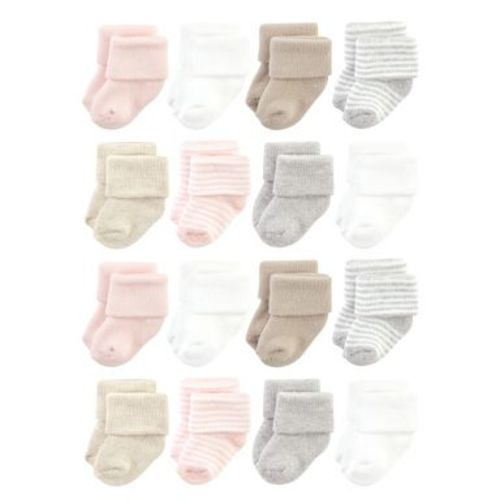 Hudson Baby Cotton Rich Baby Terry Socks 16-Pack, Pink Gray Stripe, 6-12 Months