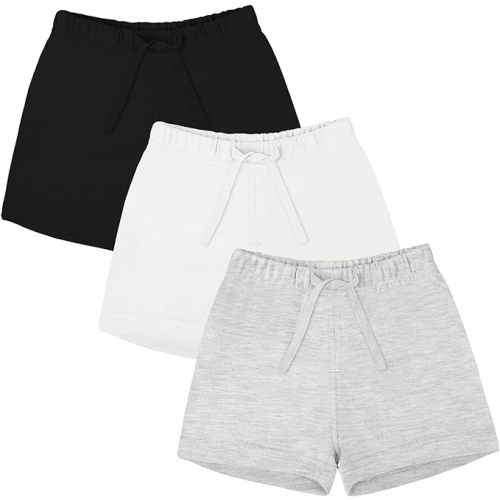 Ruisita 3 Pack Unisex-Baby Shorts Baby Cotton Short with Drawstring Soild Color Shorts for Toddler Kids - 6-12 Months - Black, Grey, White