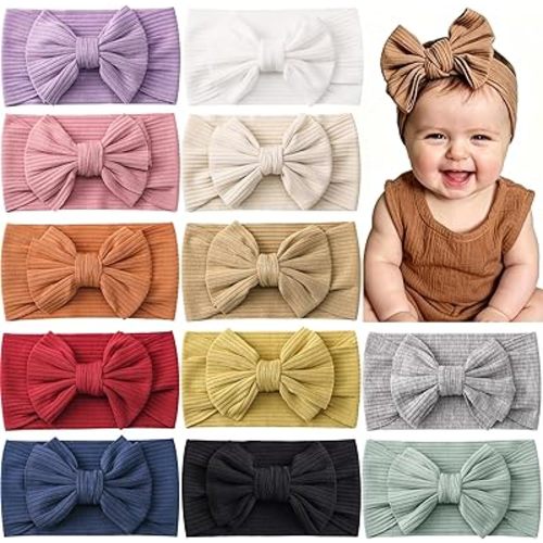 ALinmo 12PCS Baby Nylon Headbands Hairbands Hair Bow Elastics for Baby Girls Newborn Infant Toddlers Kids Mix Color